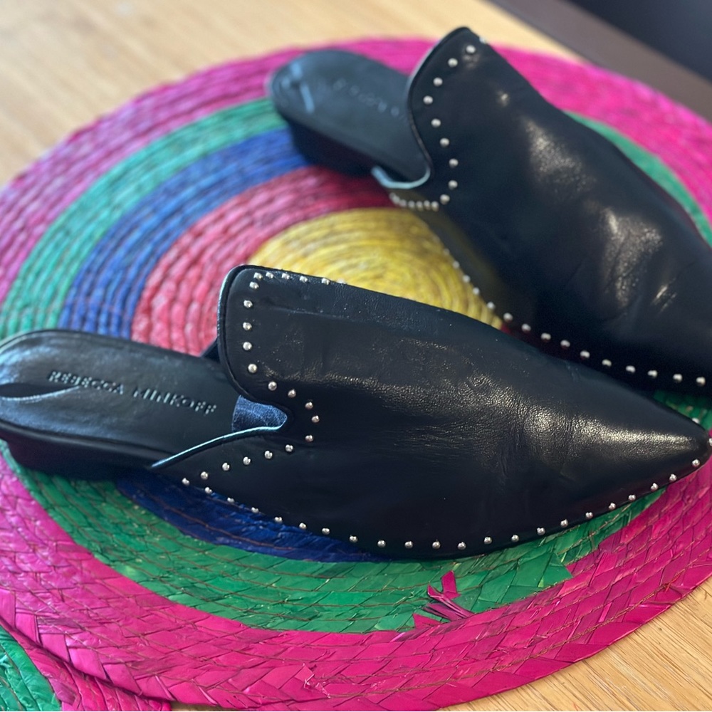 Rebecca Minkoff Chamille Studded Black Leather pointed Toe Slides Mules. 6.5